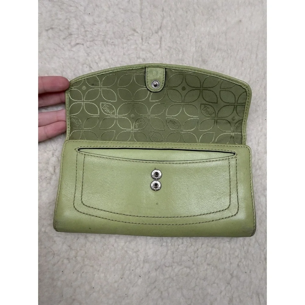 Vintage Y2K Fossil Spring Green Leather Trifold Wallet Organizer Retro 2000s